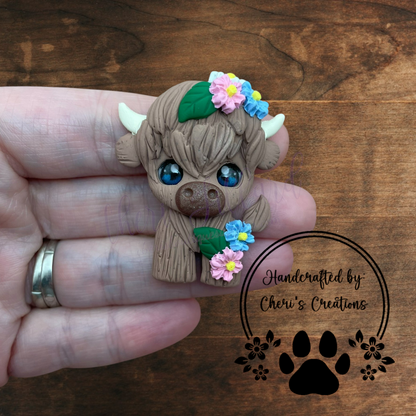 Floral Highland Cow Bow Center – Handmade Polymer Clay Embellishment