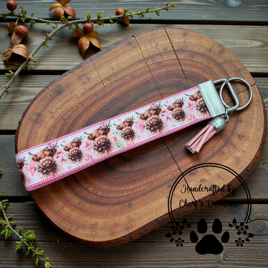 Wristlet Keychain - Spring Highland Cows Key Fob