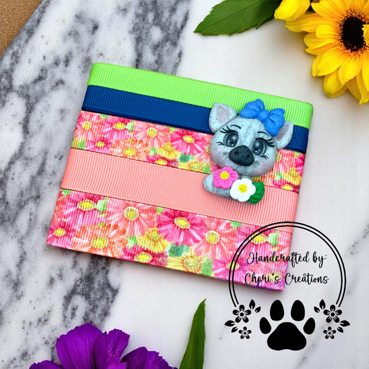 DIY Grey Piggy with Spring Flowers Clay & Ribbon Kit – Handmade Polymer Clay Pig for Bow Making, Crafting & DIY Accessories