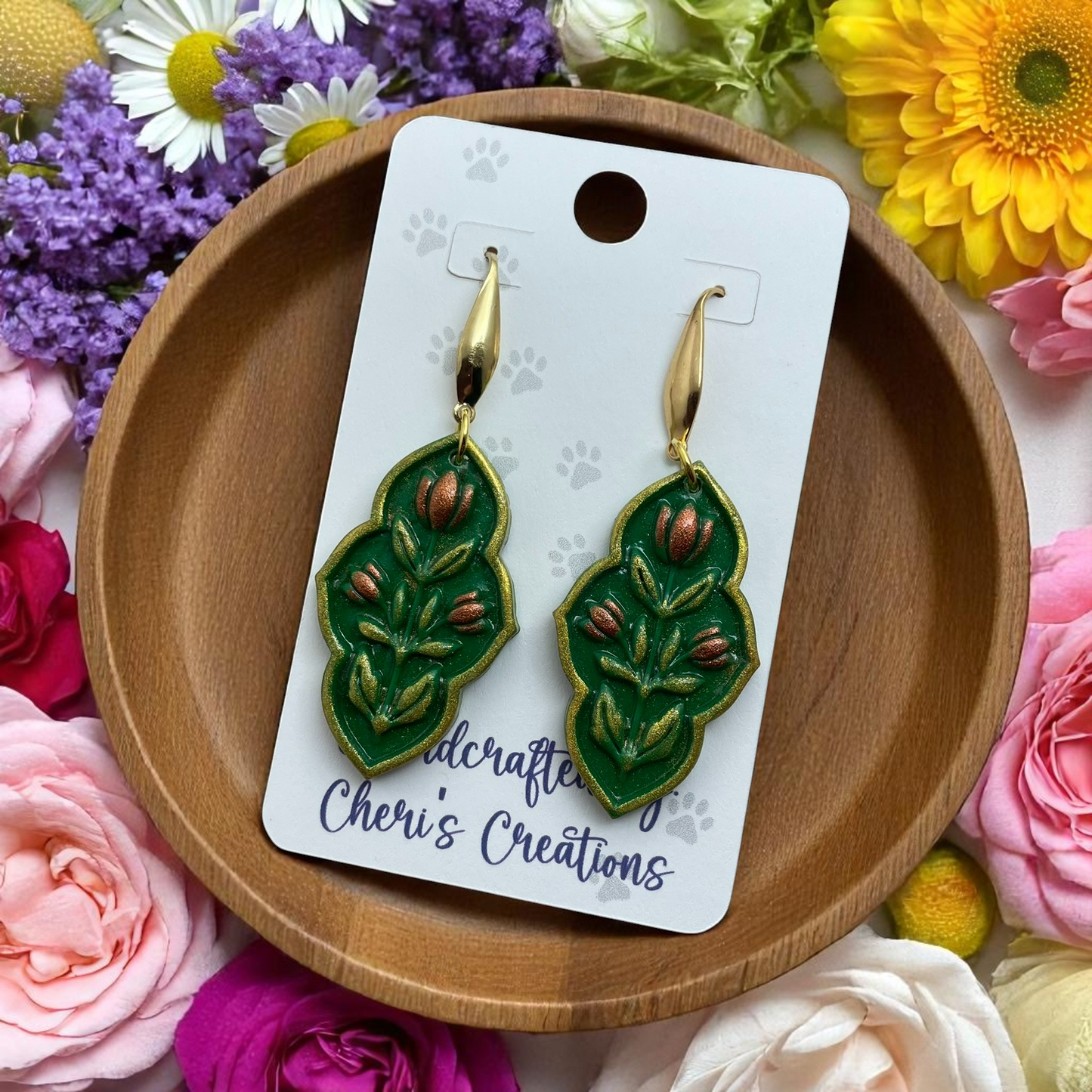Handmade Inlayed Tulip Dangle Earrings | Bright Pink Polymer Clay Earrings | Floral Statement Jewelry
