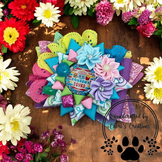 Squishy Squad Pastel Hair Bow – Handmade Faux Leather Bow with Glitter Resin Center & Cute Mini Embellishments