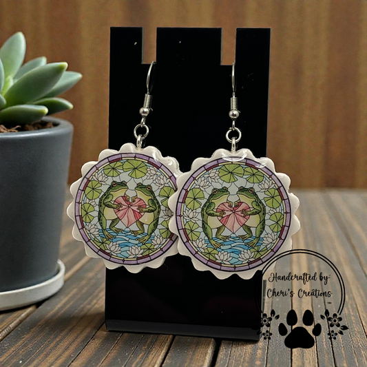 Stained Glass Frog Dangle Earrings – Handmade Polymer Clay Valentine Earrings