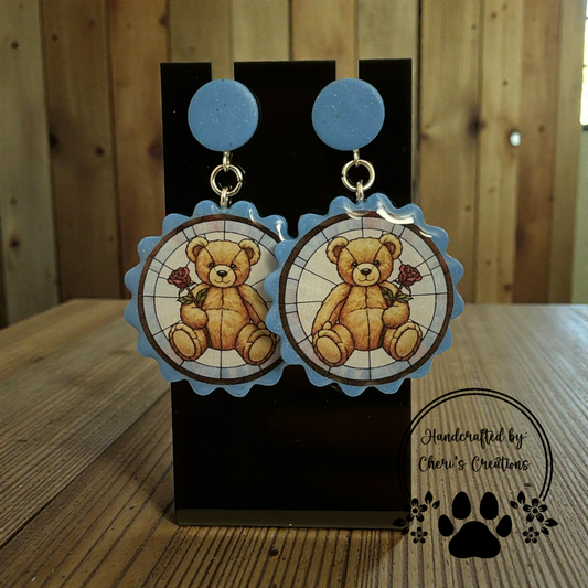 Stained Glass Teddy Bear Dangle Earrings – Handmade Polymer Clay Earrings