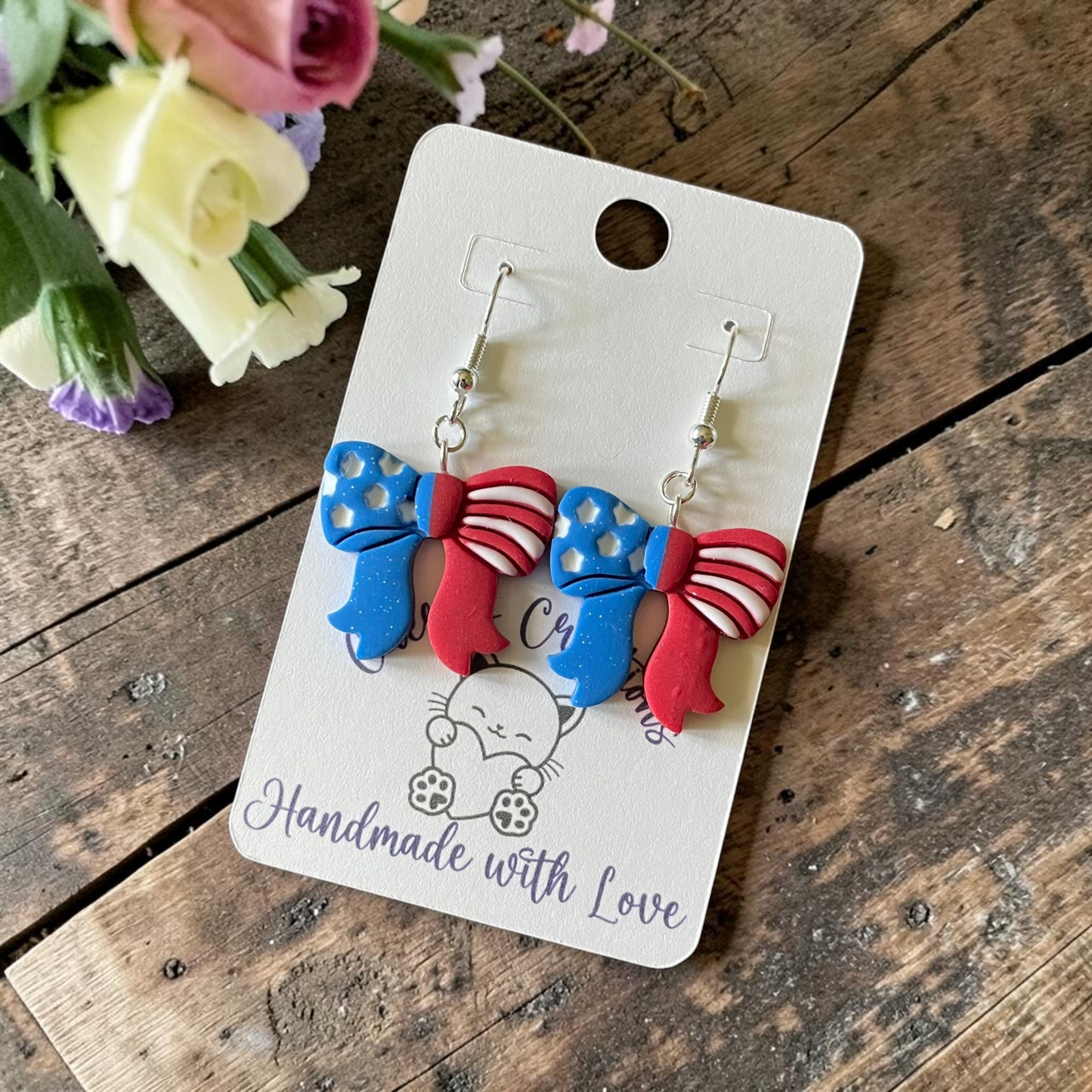 Stars & Stripes Bow Dangles - Handmade Polymer Clay Earrings