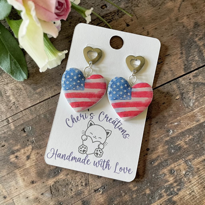 Stars & Stripes Heart Dangles - Handmade Polymer Clay Earrings