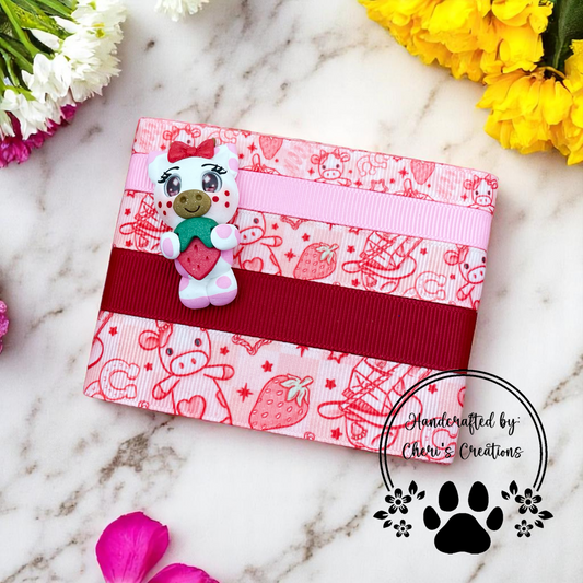 DIY Strawberry Cow Clay & Ribbon Kit – Handmade Polymer Clay Cow for Bow Making, Crafting & DIY Accessories