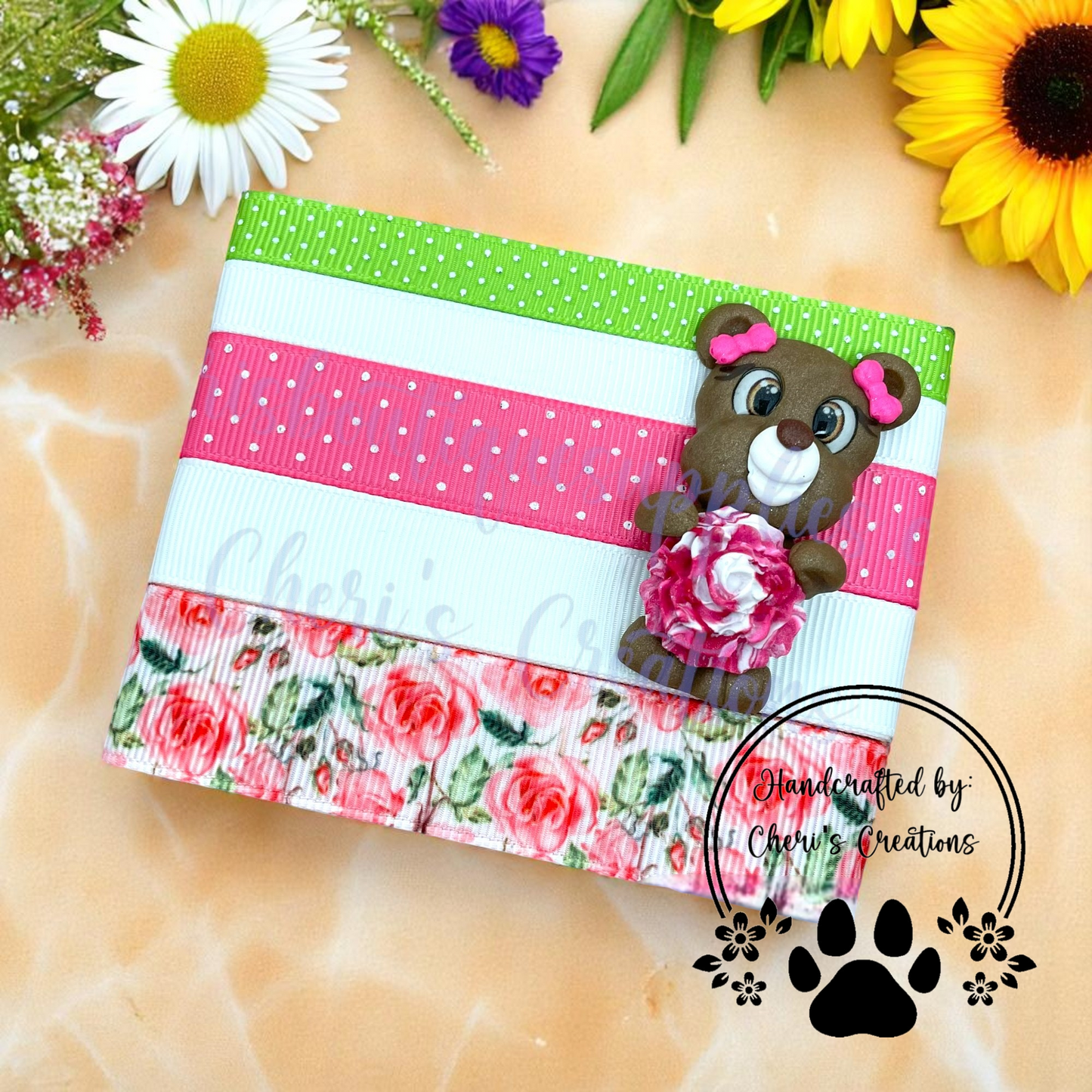 DIY Summer Rose Bear Clay & Ribbon Kit – Handmade Polymer Clay Animal for Bow Making, Crafting & DIY Accessories