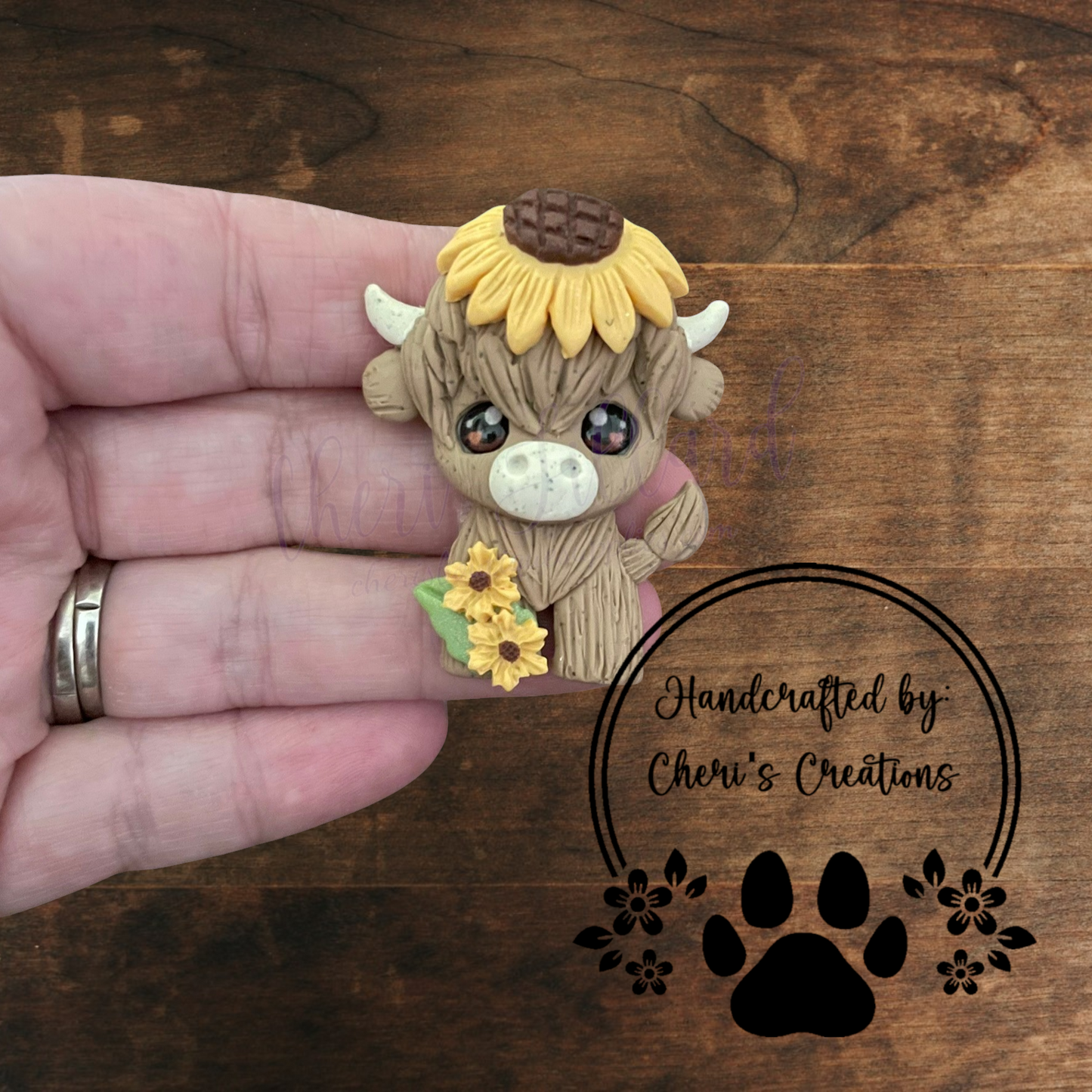 Sunflower Highland Cow Bow Center – Handmade Polymer Clay Embellishment