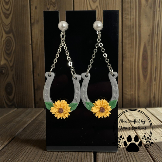 Sunflower Horseshoe Dangle Earrings – Handmade Polymer Clay Earrings