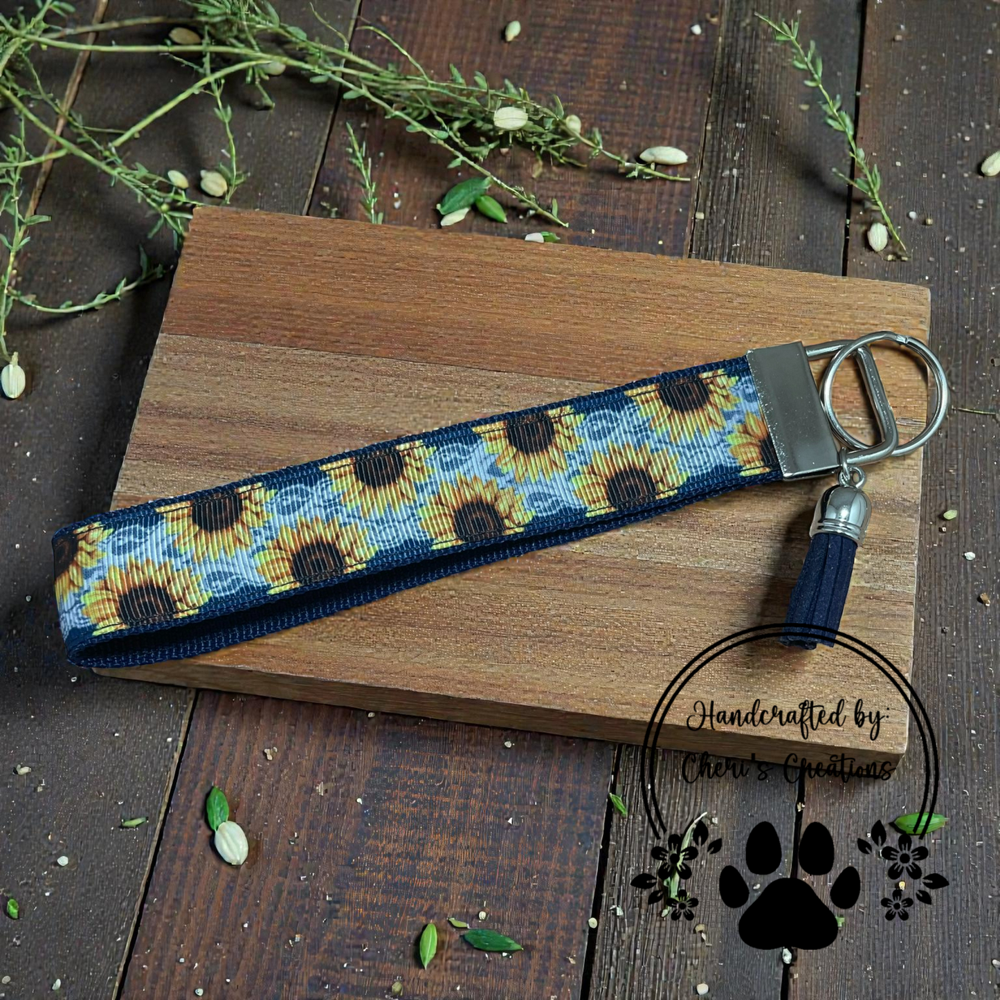 Wristlet Keychain - Sunflowers & Lace Key Fob