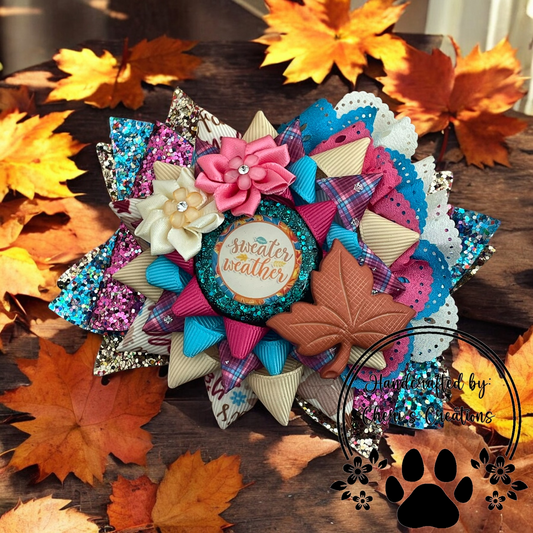 Sweater Weather Fall Hairbow – Handmade Faux Leather Bow with Glittery Resin Center, Fall Flowers & Leaf Button – 5" Hair Clip for Girls