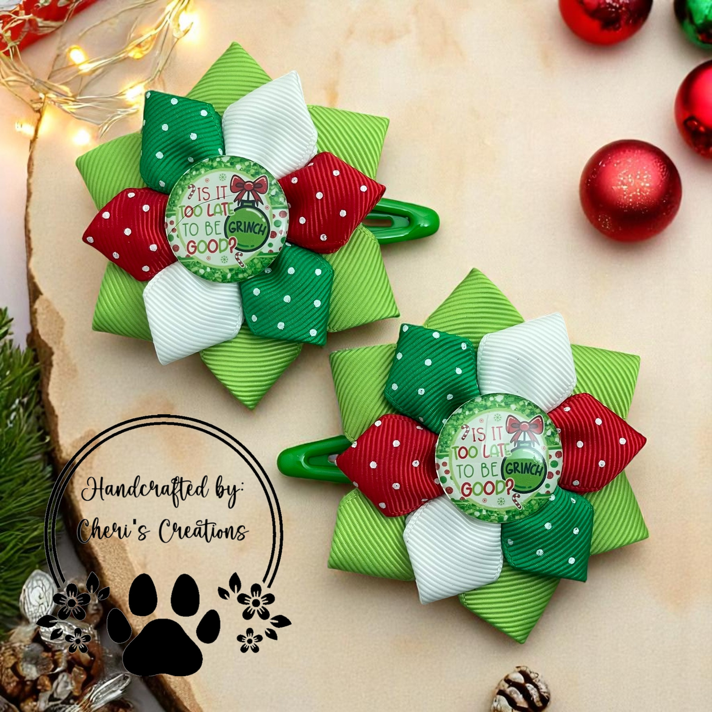 Funny Christmas Hair Bows – "Is It Too Late to be Good?" Holiday Flower Bows with Snap Clips