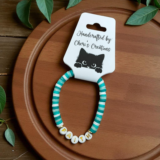 Turquoise Heishi Bead Bracelet – Handmade Stretch Bracelet with FAITH, HOPE, or LOVE