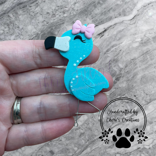 Turquoise Flamingo with Pink Bow – Handmade Polymer Clay Embellishment for Bow Making, Crafts & DIY Projects