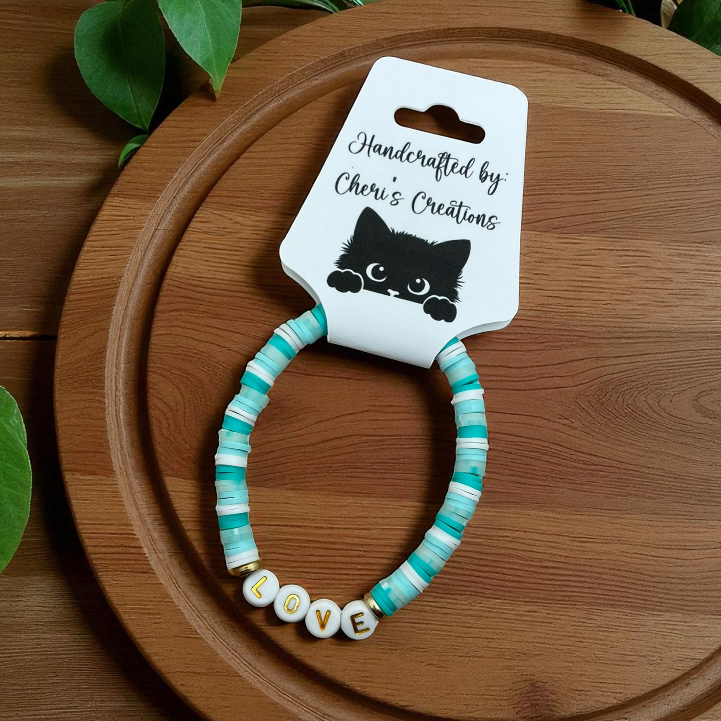 Turquoise Heishi Bead Bracelet – Handmade Stretch Bracelet with FAITH, HOPE, or LOVE