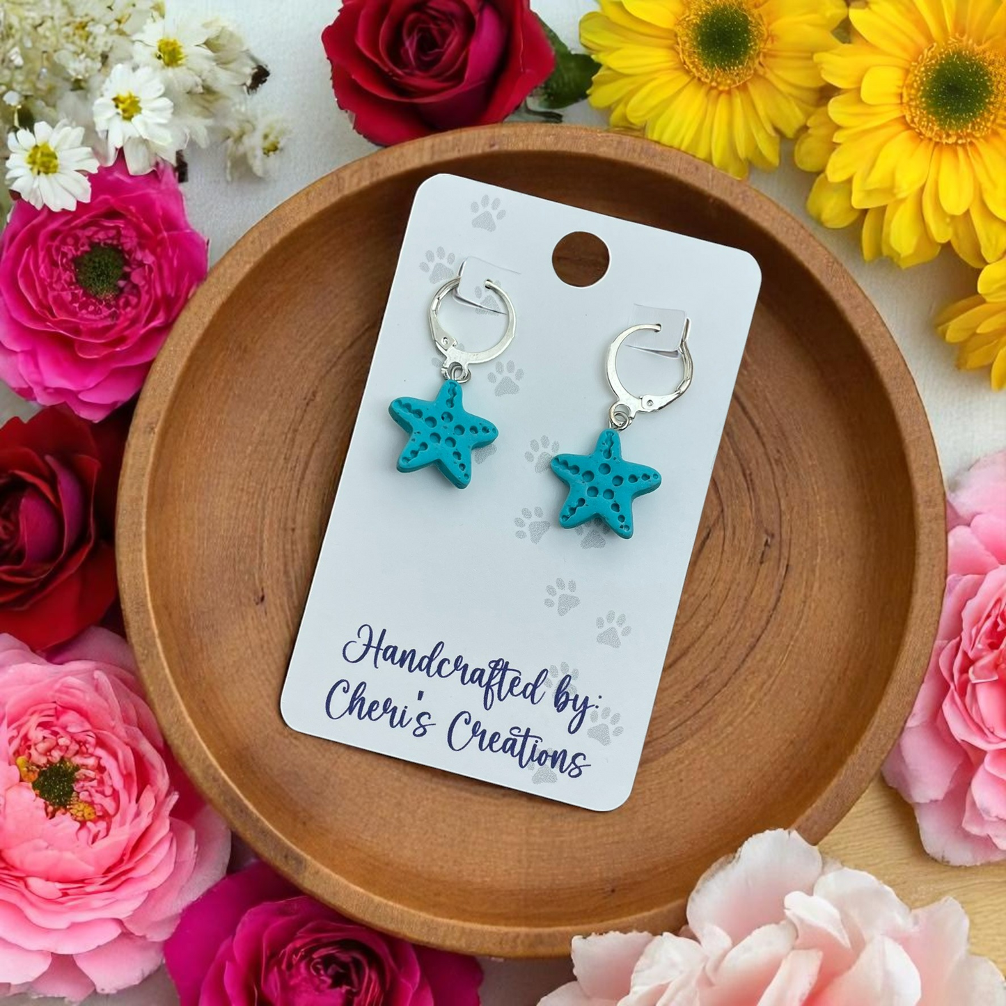 Handmade Turquoise Starfish Dangle Earrings | Polymer Clay Beach Earrings | Ocean Jewelry
