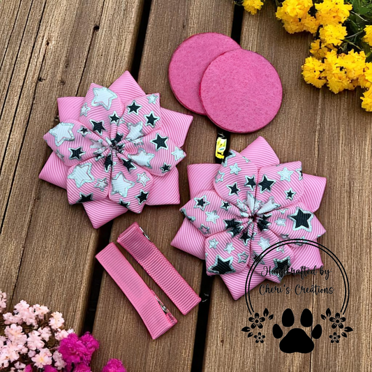 Pink Star DIY Flower Bow Kit – Handmade Hair Bow Craft Kit with Silver Foil & Black Star Design