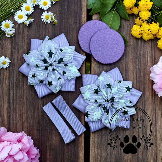 Purple Star DIY Flower Bow Kit – Handmade Hair Bow Craft Kit with Silver Foil & Black Star Accents