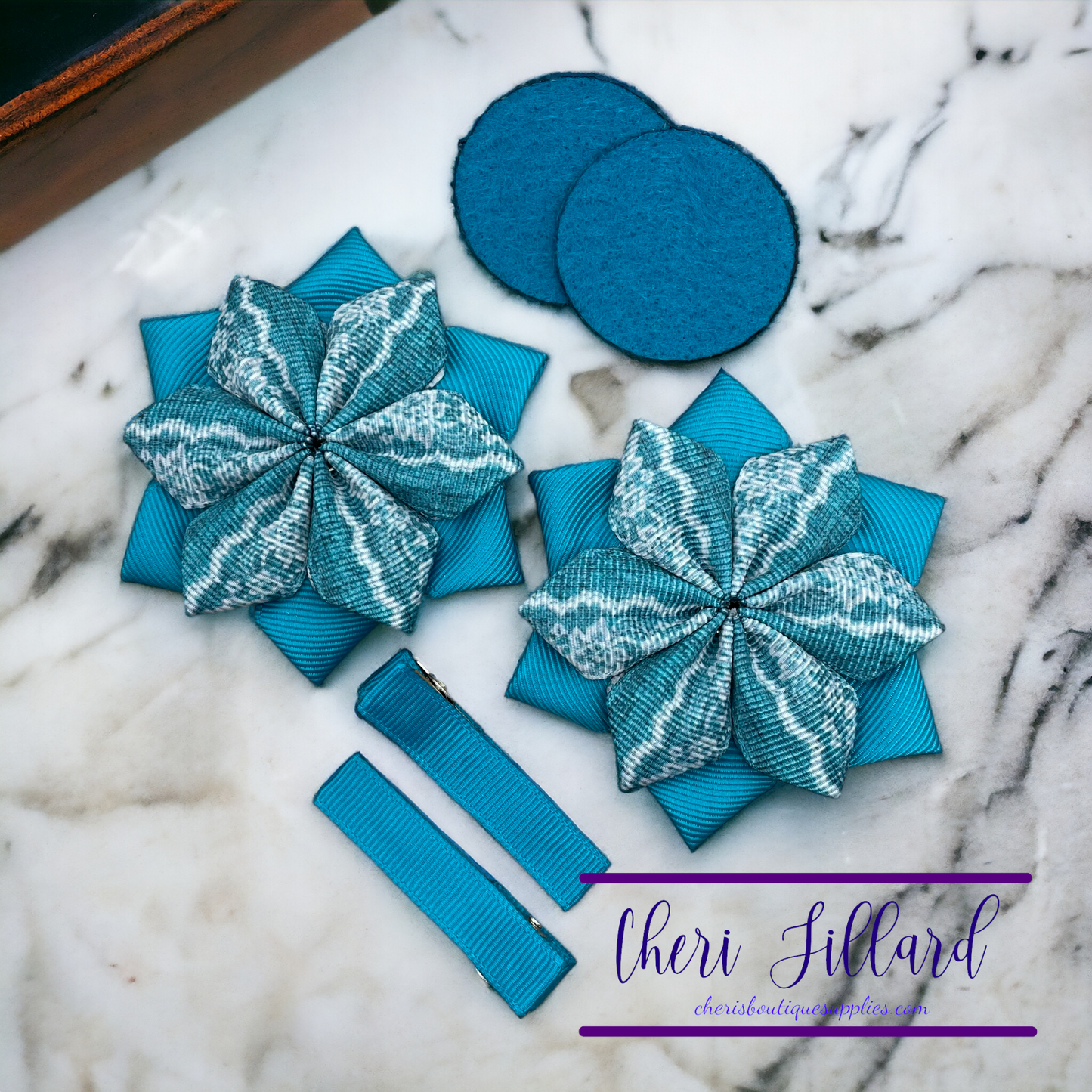 Faux Lace on Teal Flower Bow Kit