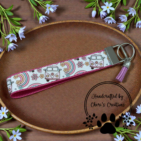 Wristlet Keychain - Hippie Vans & Rainbows Key Fob