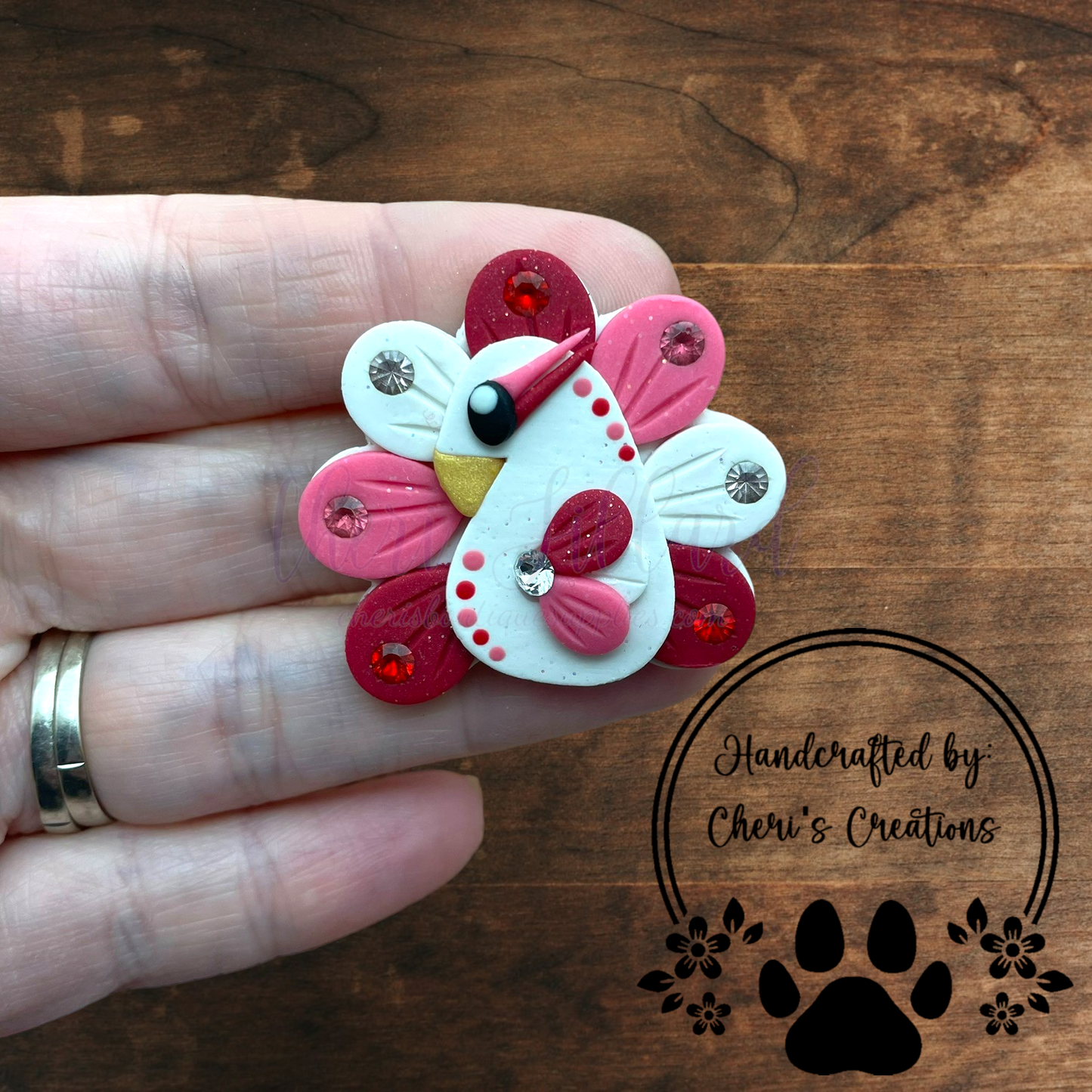 Valentine Peacock Bow Center – Handmade Polymer Clay Embellishment