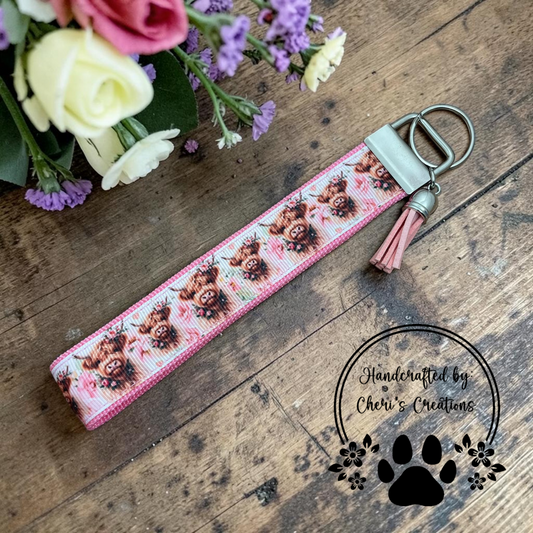 Pink Floral Highland Cows Wristlet Keychain