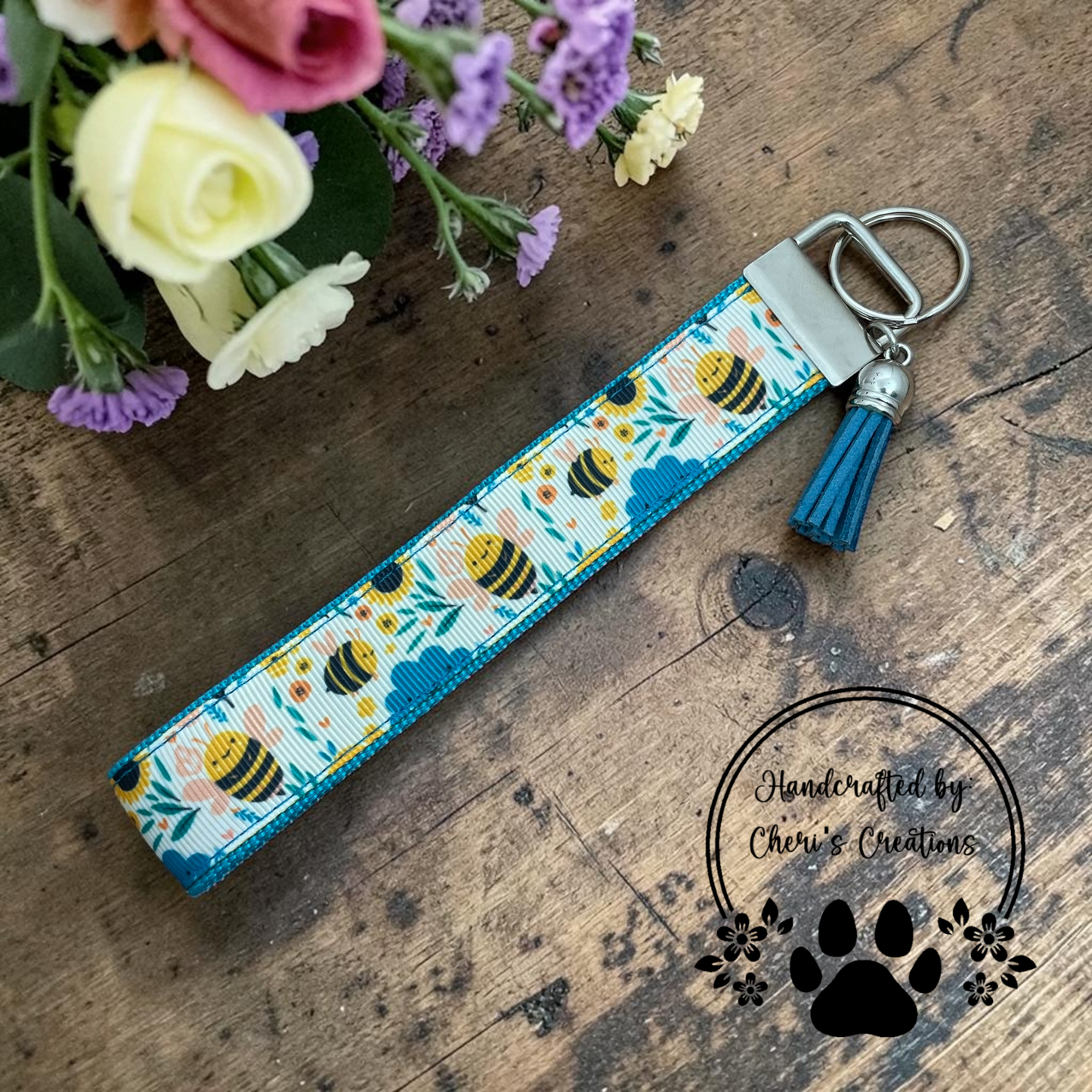 Floral Bumblebees Wristlet Keychain