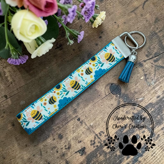 Floral Bumblebees Wristlet Keychain