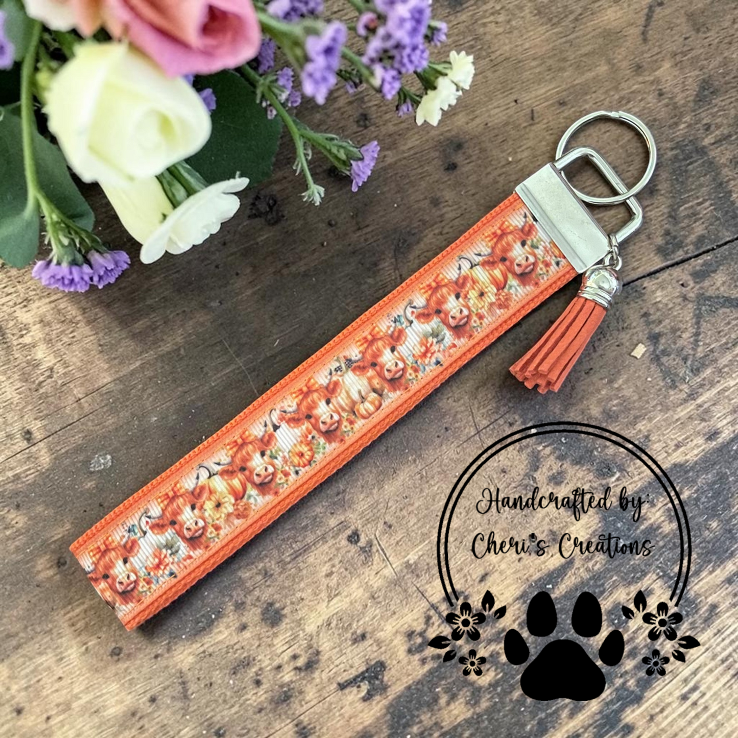 Sunflower Highland Cow Wristlet Keychain