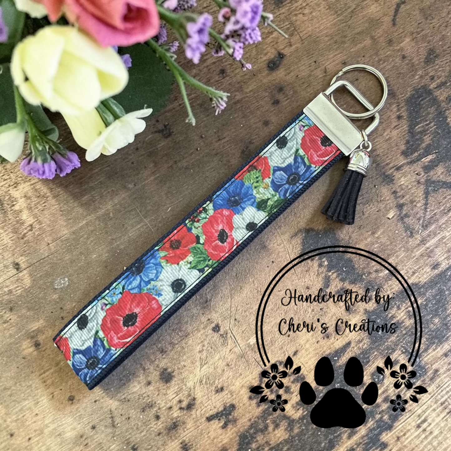 Patriotic Floral Wristlet Keychain