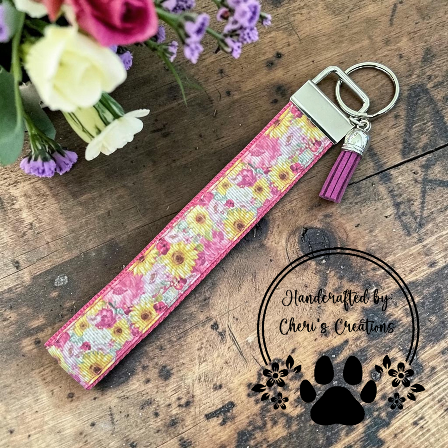 Pink Sunflowers Wristlet Keychain - Limited Edition
