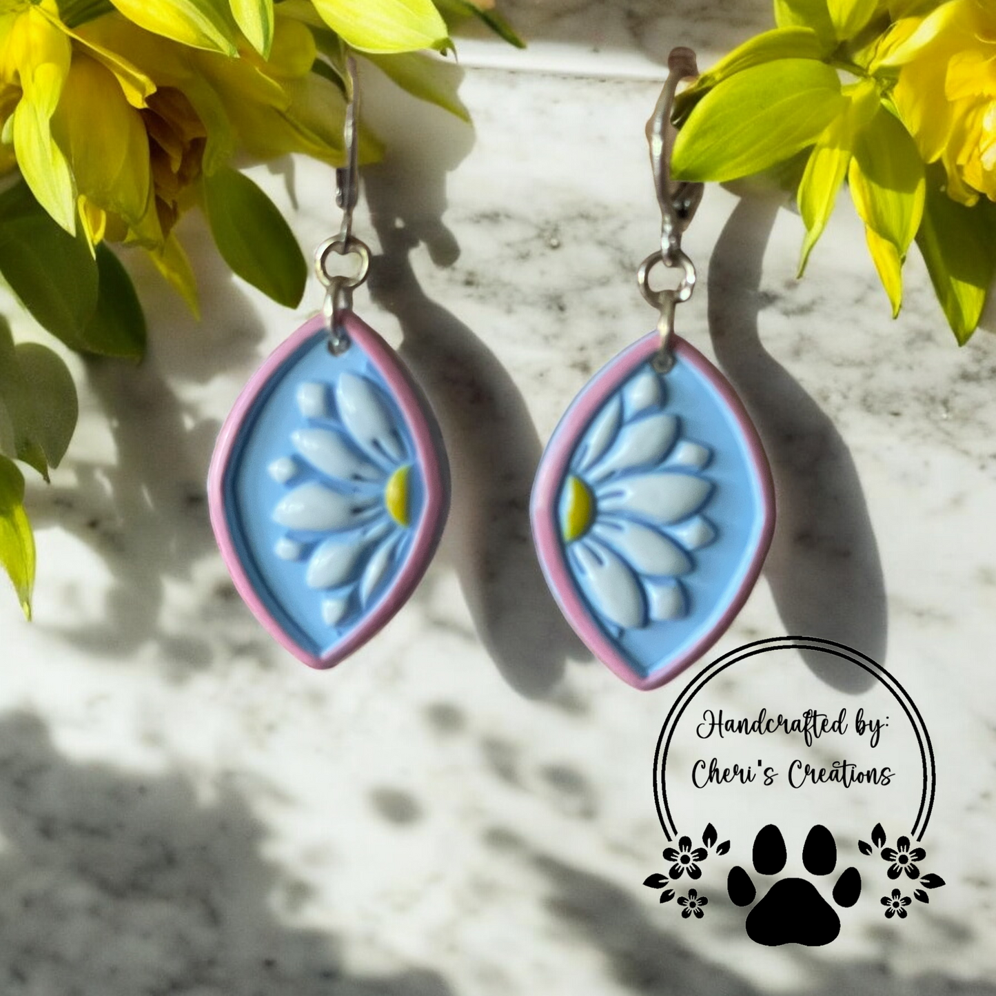 Watercolor Daisies Polymer Clay Dangle Earrings