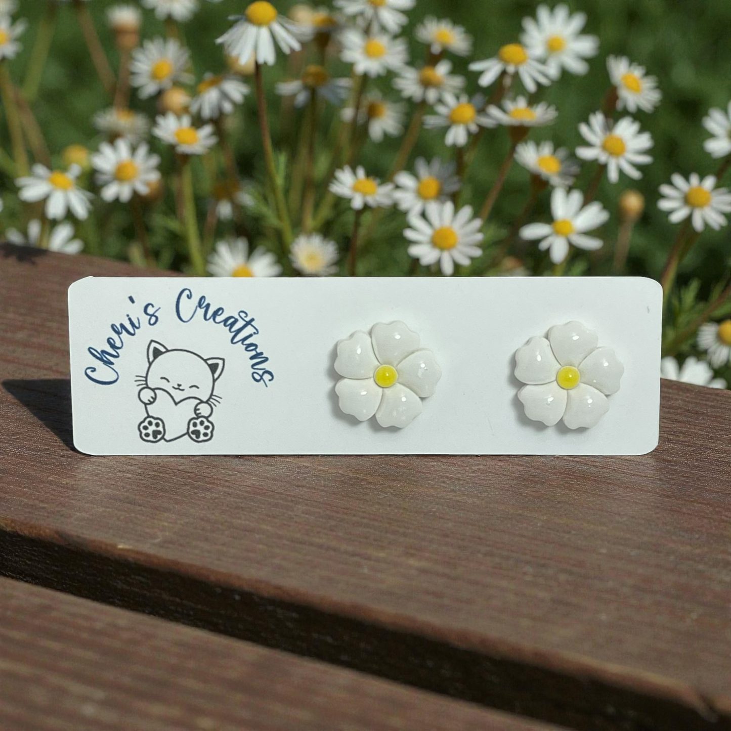 White Flower Studs – Handmade Polymer Clay Earrings