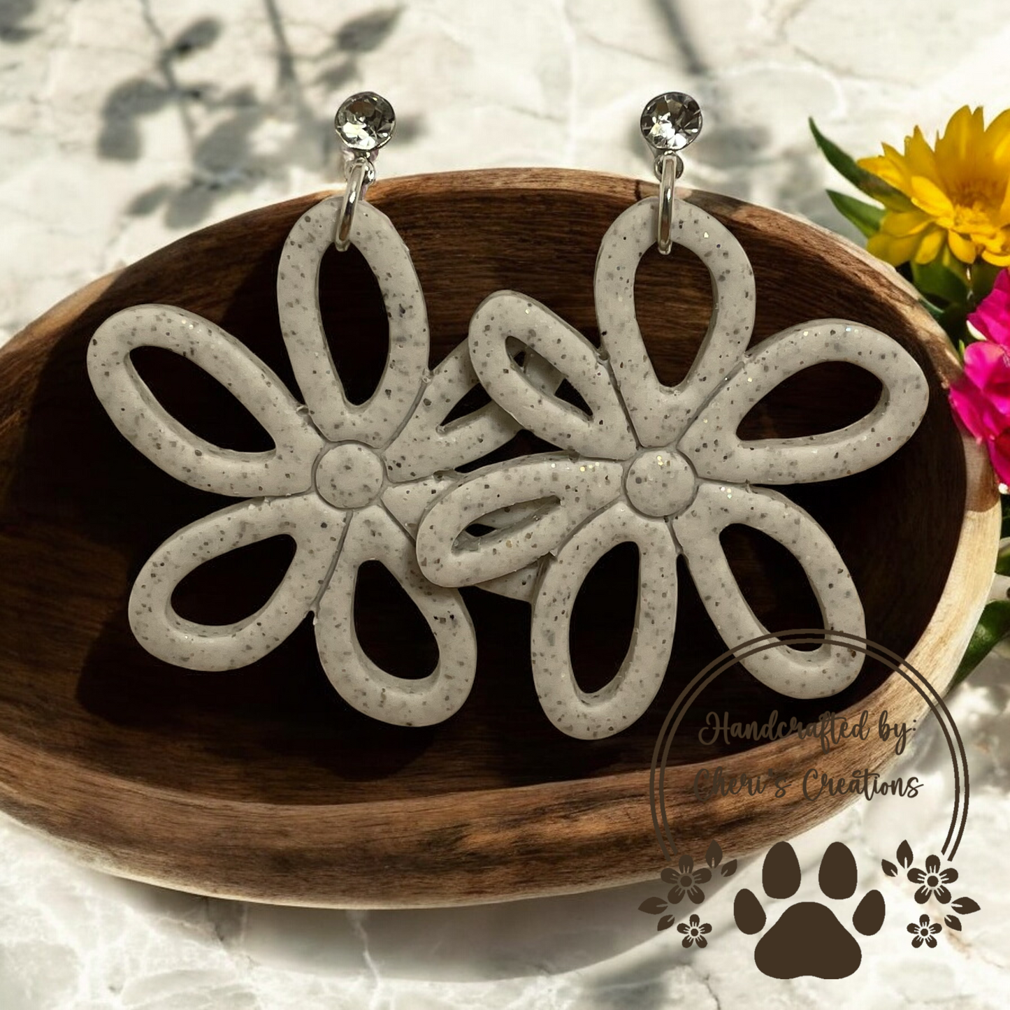 White Granite Vienna Flower Polymer Clay Dangle Earrings