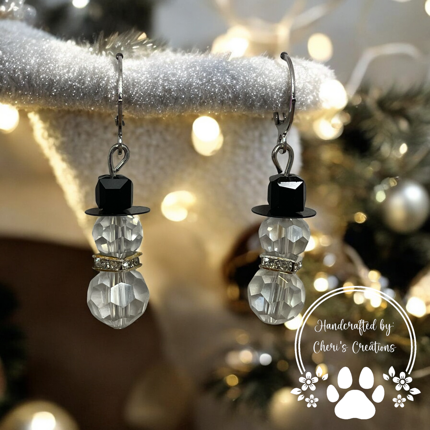 Whimsical Crystal Snowman Beaded Acrylic Dangle Earrings