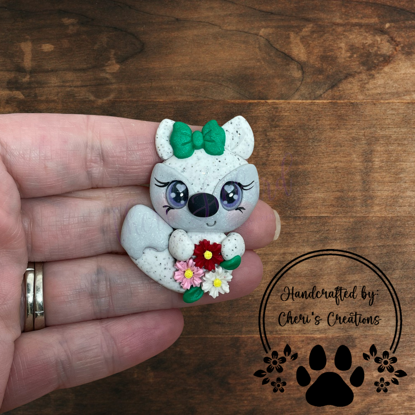 Winter Floral Fox Bow Center – Handmade Polymer Clay Embellishment