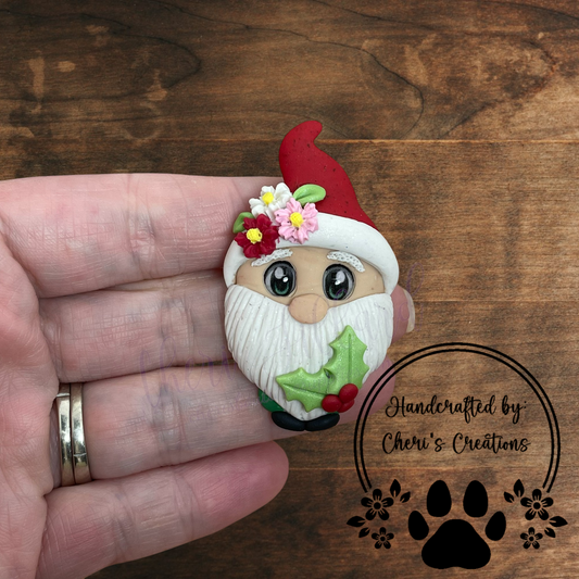 Winter Floral Gnome Bow Center – Handmade Polymer Clay Embellishment