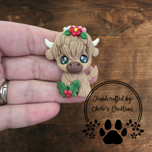 Winter Floral Highland Cow Bow Center – Handmade Polymer Clay Embellishment