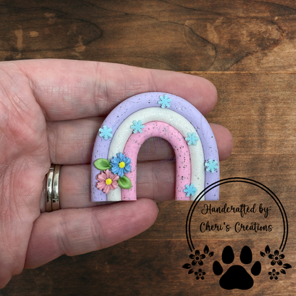 Winter Floral Rainbow Bow Center – Handmade Polymer Clay Embellishment