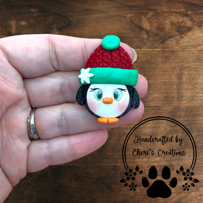 Winter Penguin Bow Center – Handmade Polymer Clay Embellishment