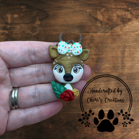 Winter Reindeer Bow Center – Handmade Polymer Clay Embellishment