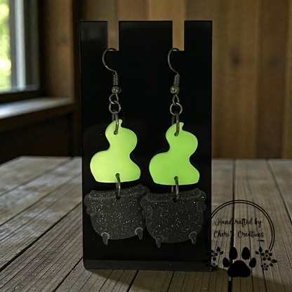 Glowing Witch’s Cauldron Dangle Earrings – Handmade Polymer Clay Earrings