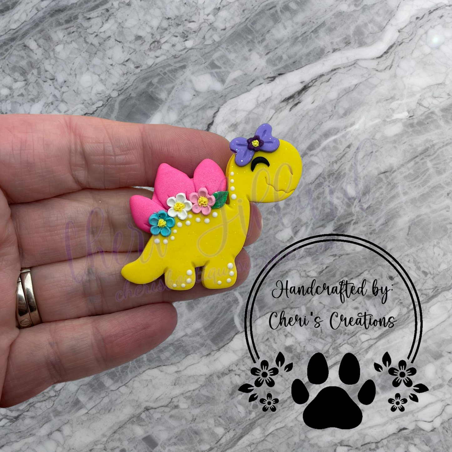 Yellow Dino Bow Center – Handmade Polymer Clay Embellishment